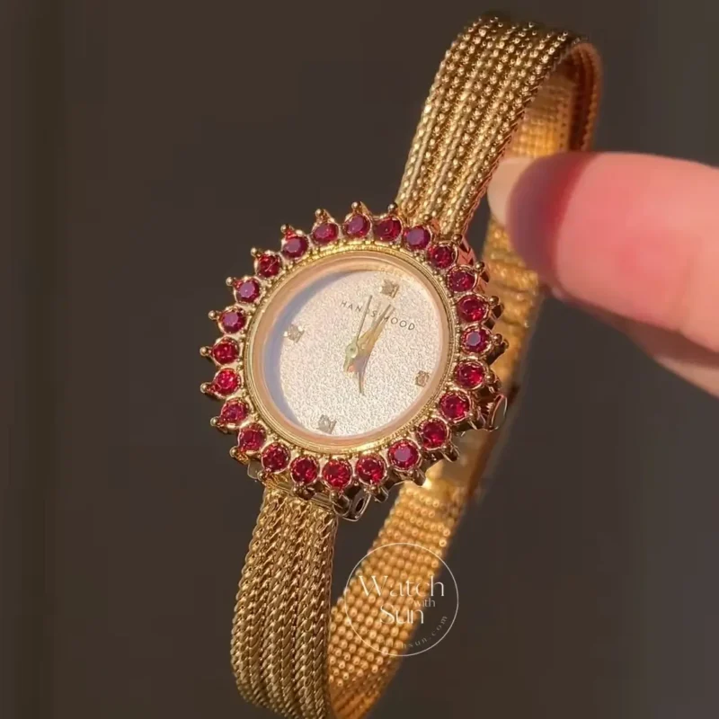 Vintage Gold Red Crystal Bezel Textured Mesh Bracelet Watch