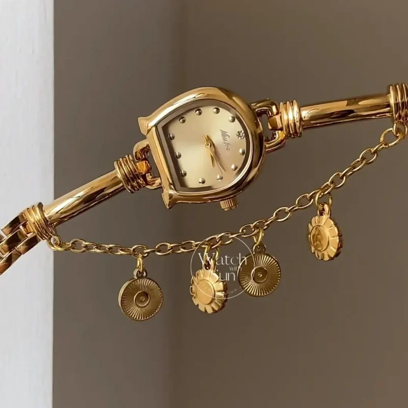 Elegant Gold Horseshoe Bangle Watch Decorative Coin Charms