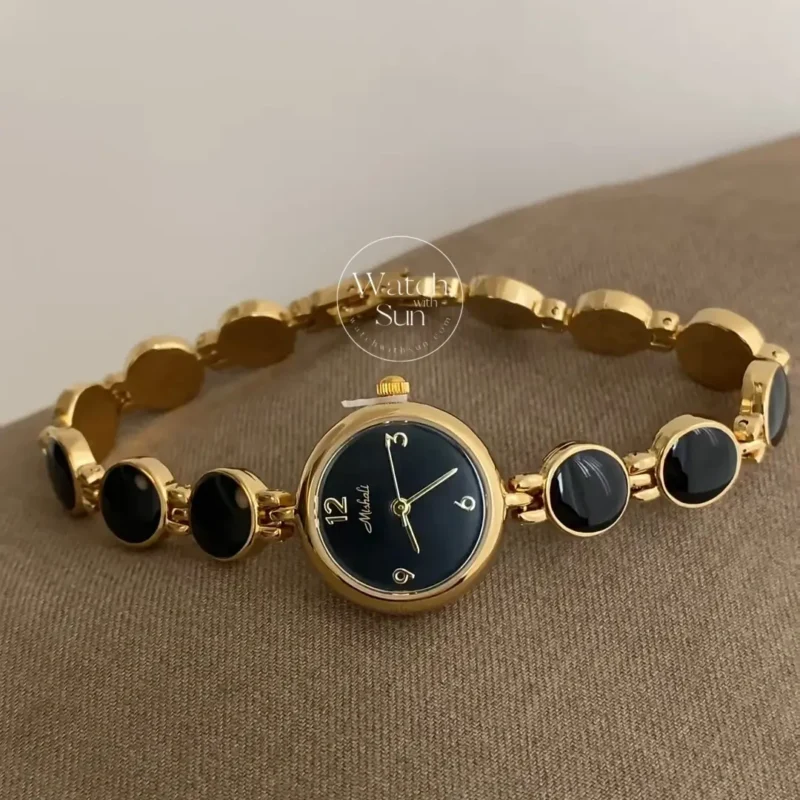 minimalist Black Dial Vintage Gold Black Crystal Bracelet Women Watch
