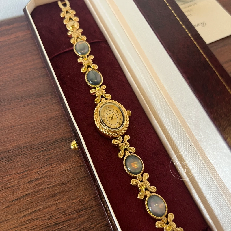 Vintage-Inspired Abalone Shell Bracelet Watch Small Oval Face Gold Women's Watch
