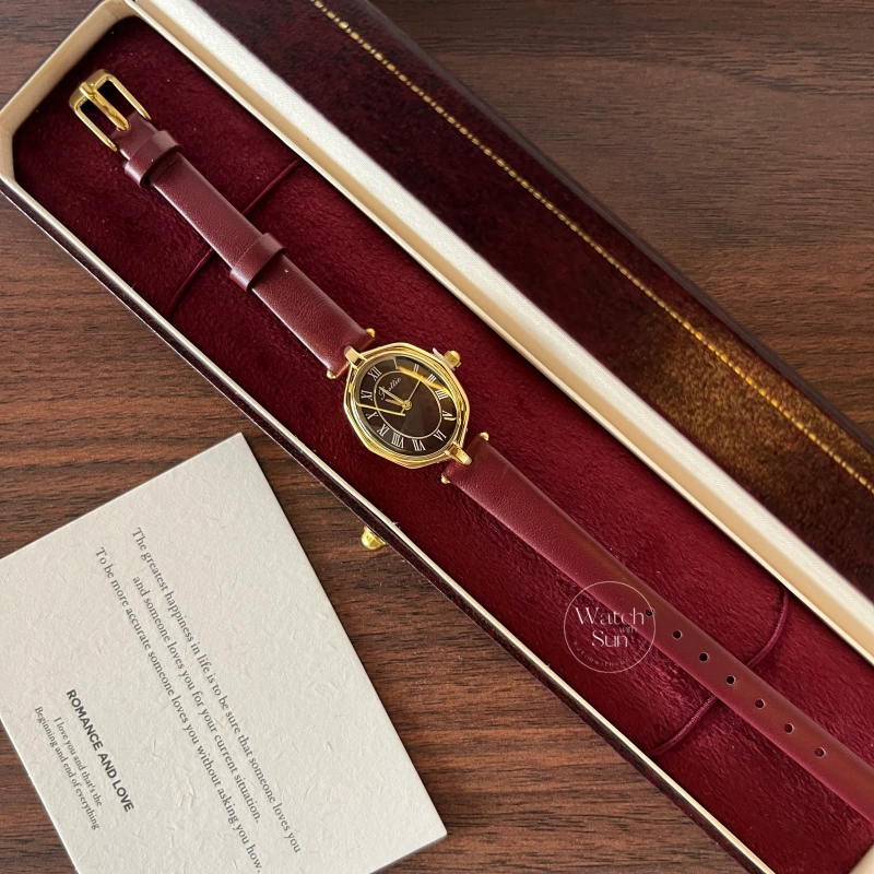 N806-3 Classic Gold Burgundy/Black Roman Numeral Dial Leather Strap Women's Watch