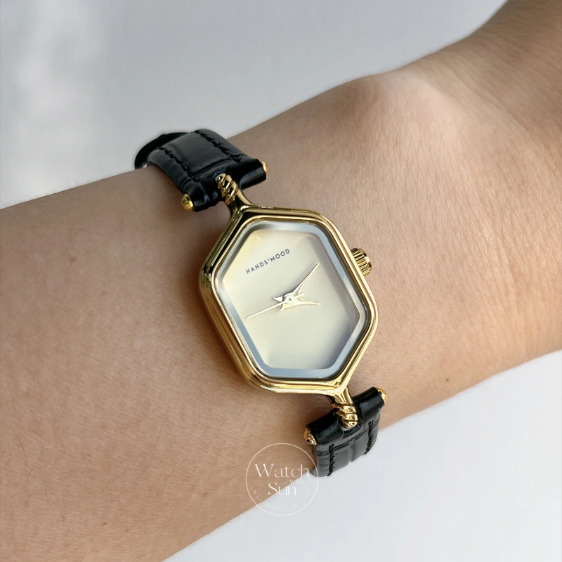 Vintage-Inspired Hexagonal Watch Beige Dial Black Leather Strap Women's Watch
