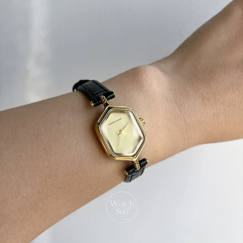 Vintage-Inspired Hexagonal Watch Beige Dial Black Leather Strap Women's Watch