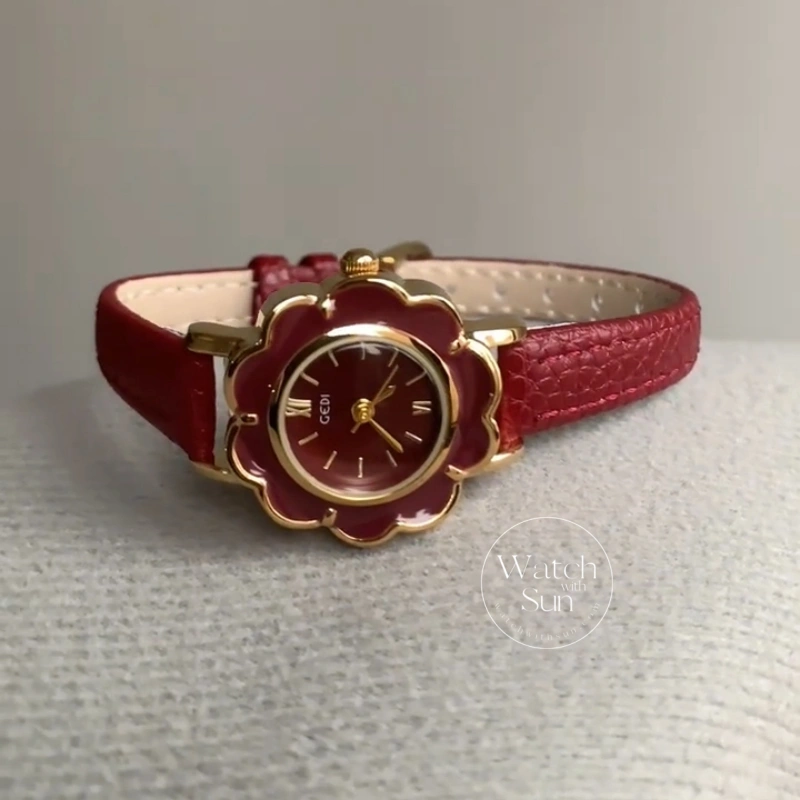 Retro Burgundy Red Flower Slim Leather Strap Women's Watch
