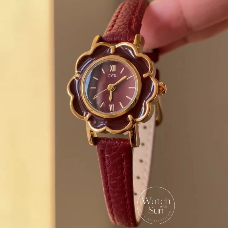 WWS 800-1-4 Retro Burgundy Red Flower Slim Leather Strap Women's Watch