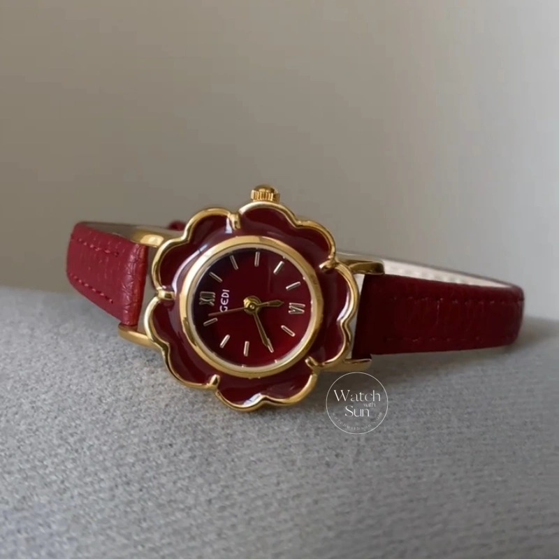 Retro Burgundy Red Flower Slim Leather Strap Women's Watch