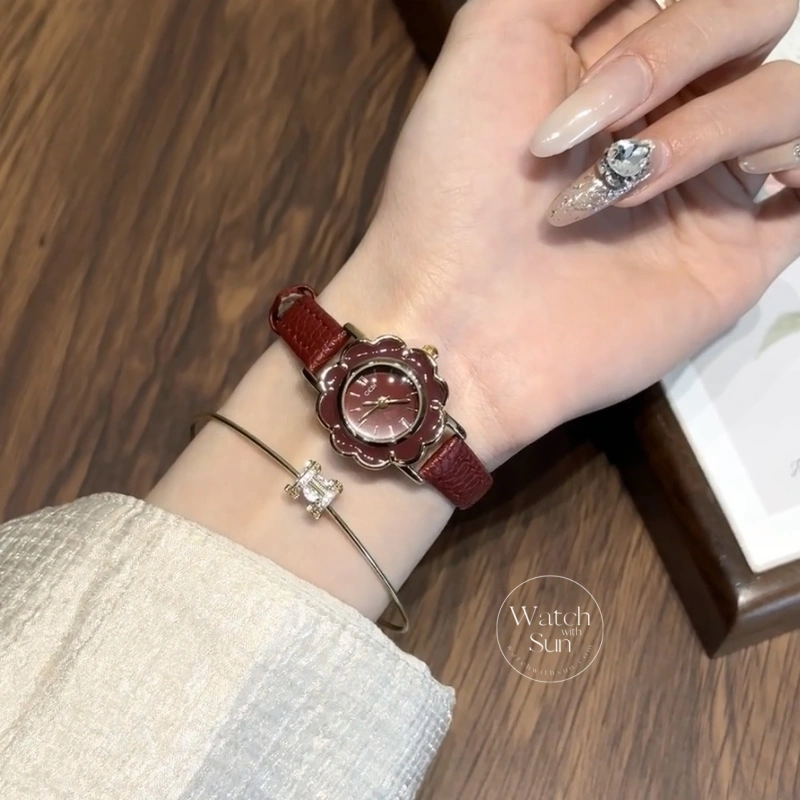 Retro Burgundy Red Flower Slim Leather Strap Women's Watch