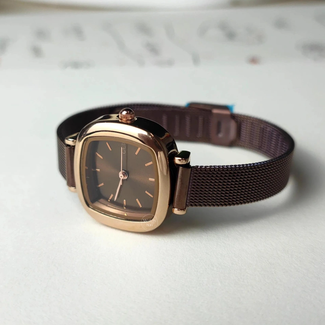 Dainty Brown Square Women's Watch Rose Gold Case Leather/Mesh Watch