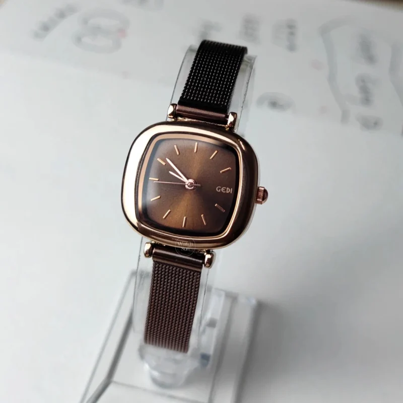 WWS798or043-2 Dainty Brown Square Women's Watch Rose Gold Case Leather/Mesh Watch