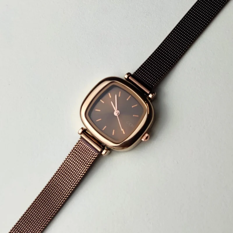 Dainty Brown Square Women's Watch Rose Gold Case Leather/Mesh Watch