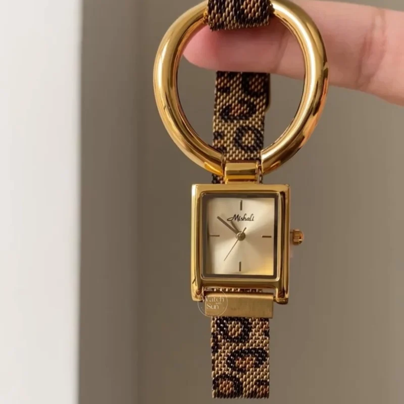 women's watches-5 Chic Gold/Silver Leopard Watch Mesh Strap Square Women's Watch