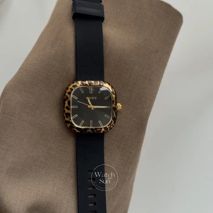 Leopard Print Square Women's Watch Black Silicone Strap Watch