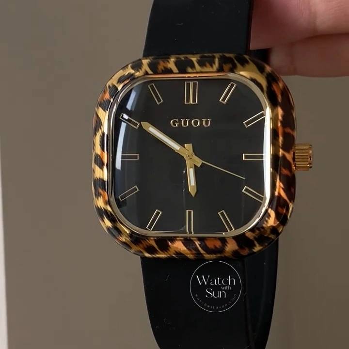 Leopard Print Square Women's Watch Black Silicone Strap Watch