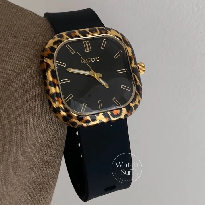 Leopard Print Square Women's Watch Black Silicone Strap Watch
