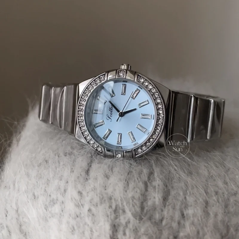 Elegant Round Diamond Bezel Light Blue Dial Silver Stainless Steel Women’s Watch