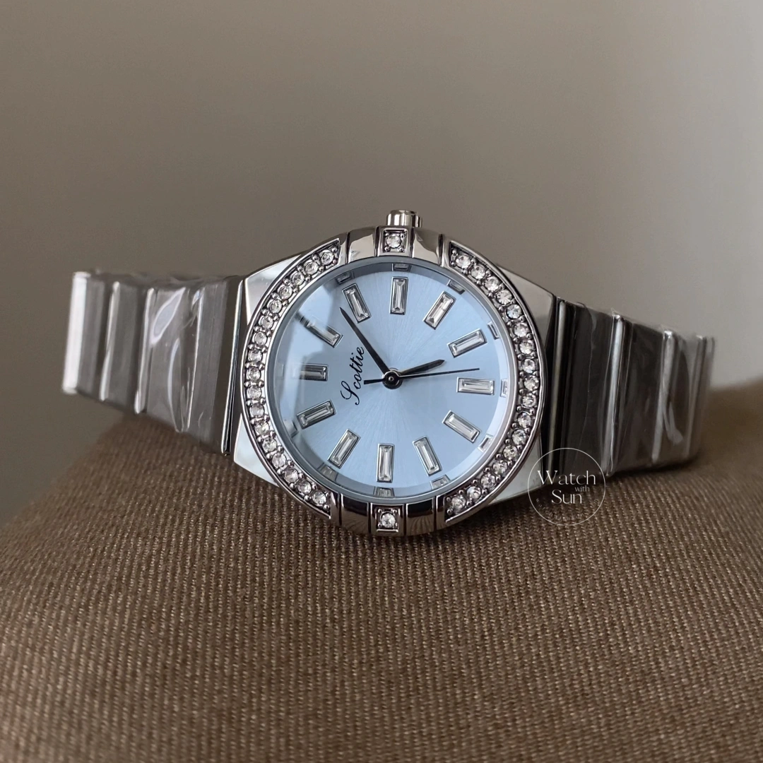 Elegant Round Diamond Bezel Light Blue Dial Silver Stainless Steel Women’s Watch