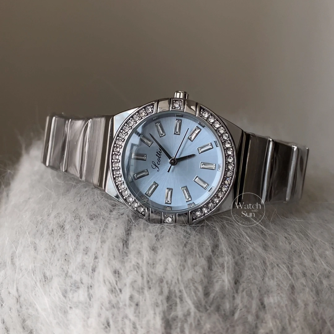 Elegant Round Diamond Bezel Light Blue Dial Silver Stainless Steel Women’s Watch