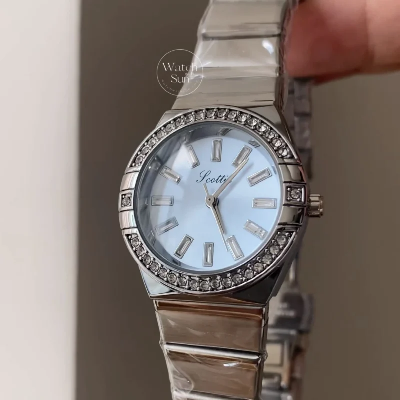 Elegant Round Diamond Bezel Light Blue Dial Silver Stainless Steel Women’s Watch
