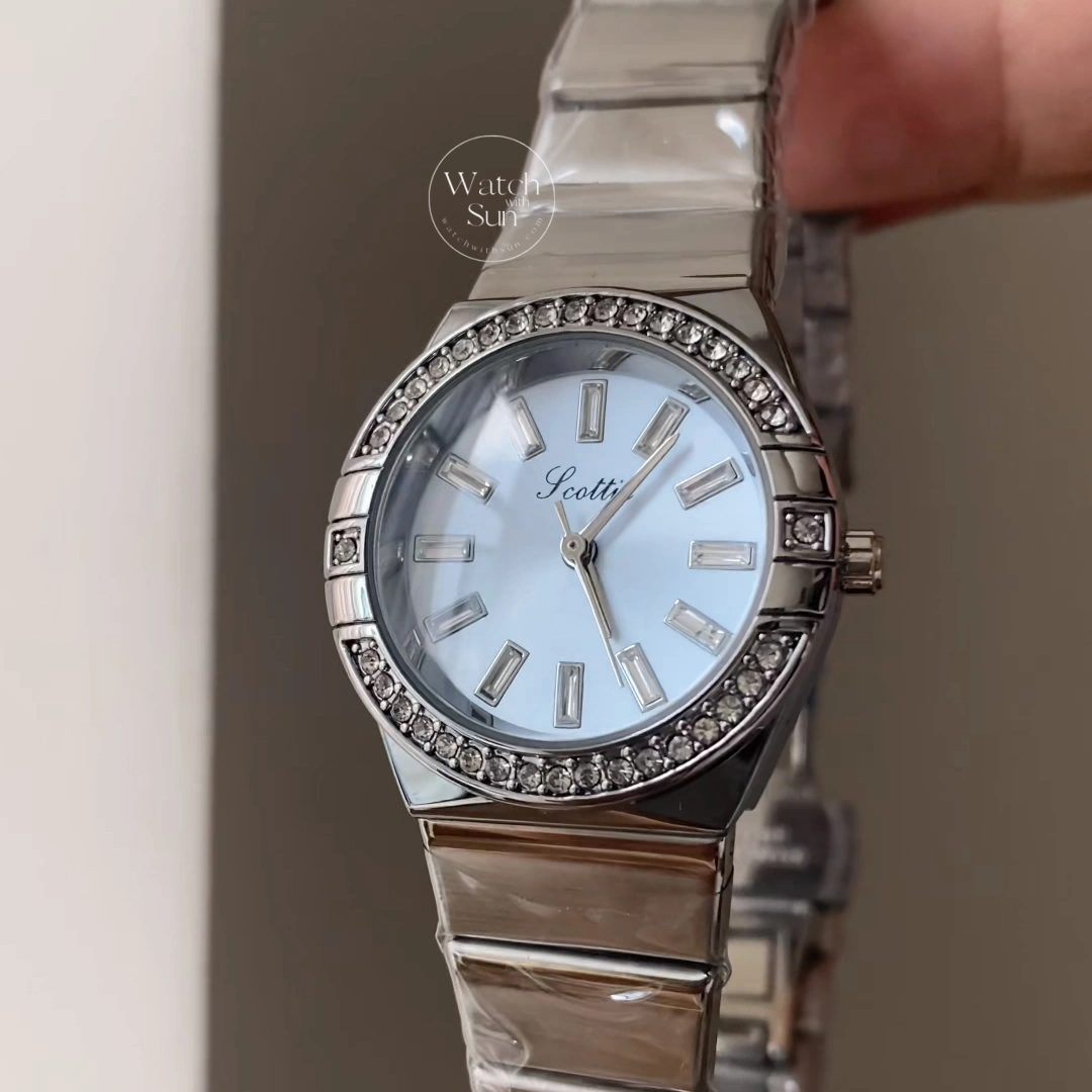 Elegant Round Diamond Bezel Light Blue Dial Silver Stainless Steel Women’s Watch