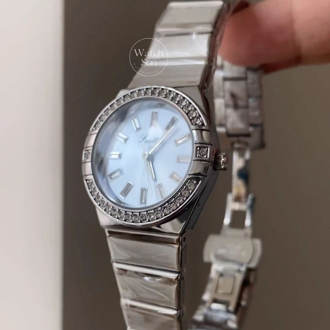Elegant Round Diamond Bezel Light Blue Dial Silver Stainless Steel Women’s Watch