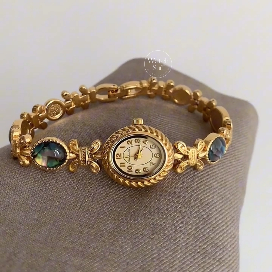 Elegant Oval Gold Bracelet Watch Abalone Shell Inlay Vintage Luxury Women's Watch