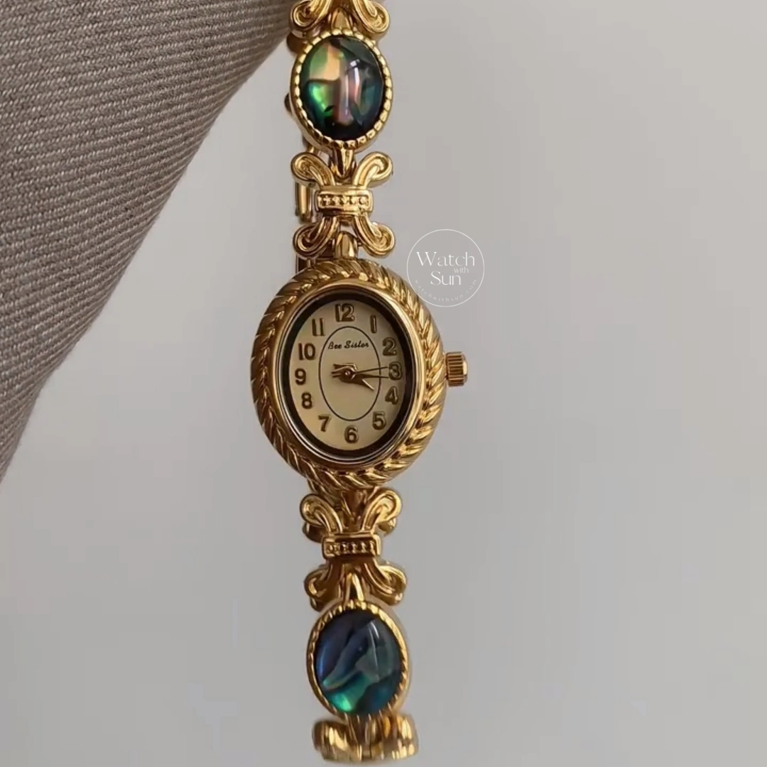 Elegant Oval Gold Bracelet Watch Abalone Shell Inlay Vintage Luxury Women's Watch