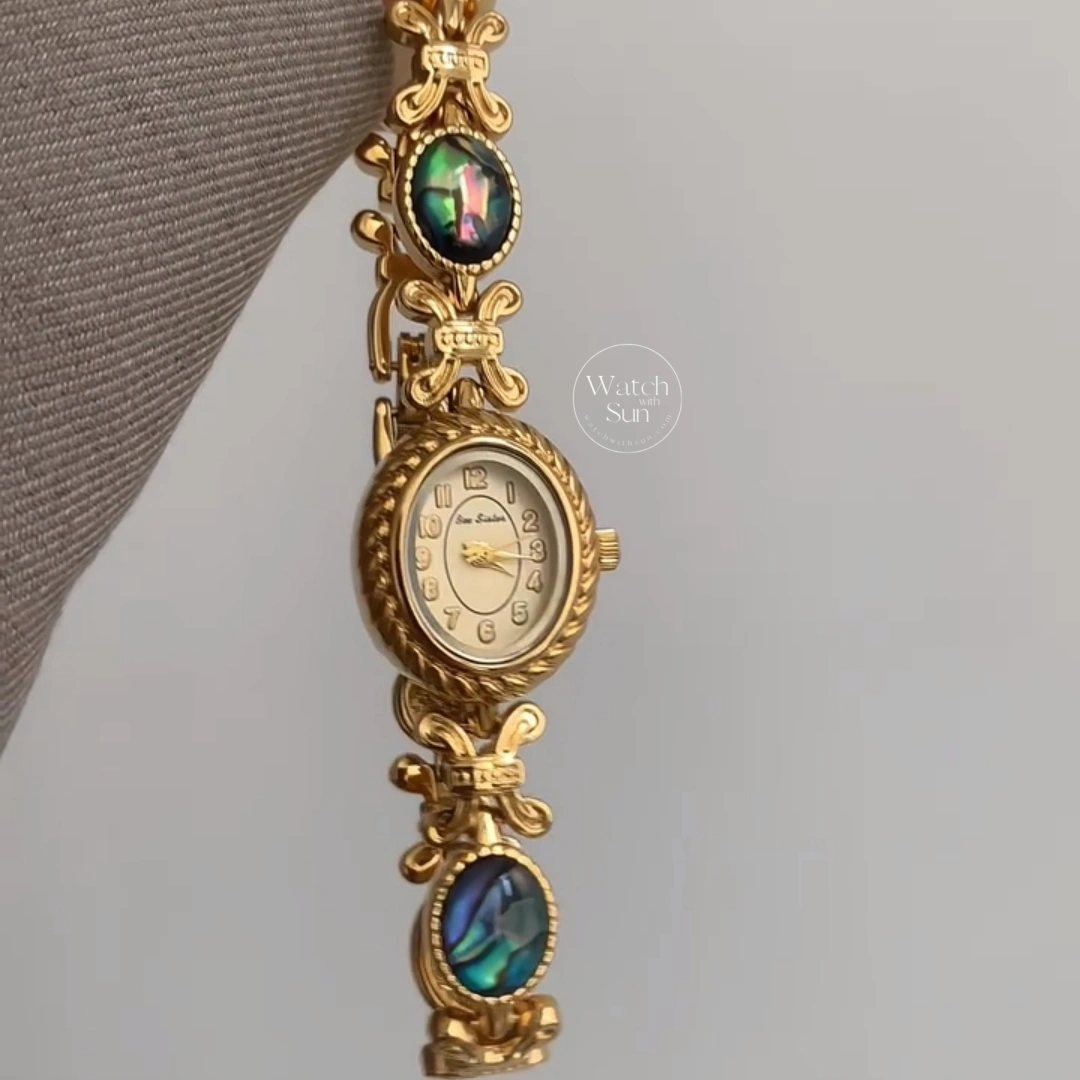Elegant Oval Gold Bracelet Watch Abalone Shell Inlay Vintage Luxury Women's Watch