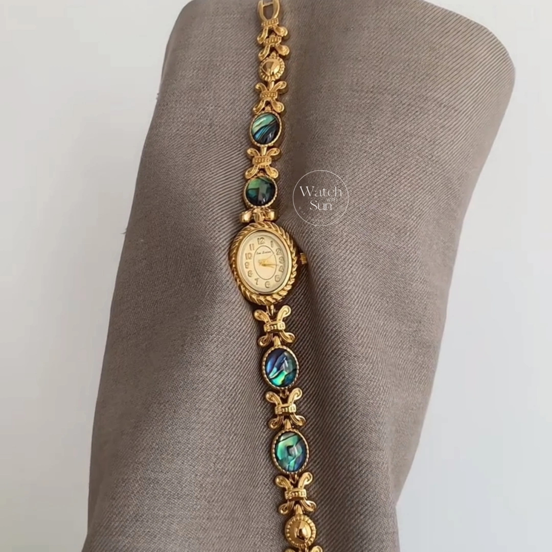 Elegant Oval Gold Bracelet Watch Abalone Shell Inlay Vintage Luxury Women's Watch