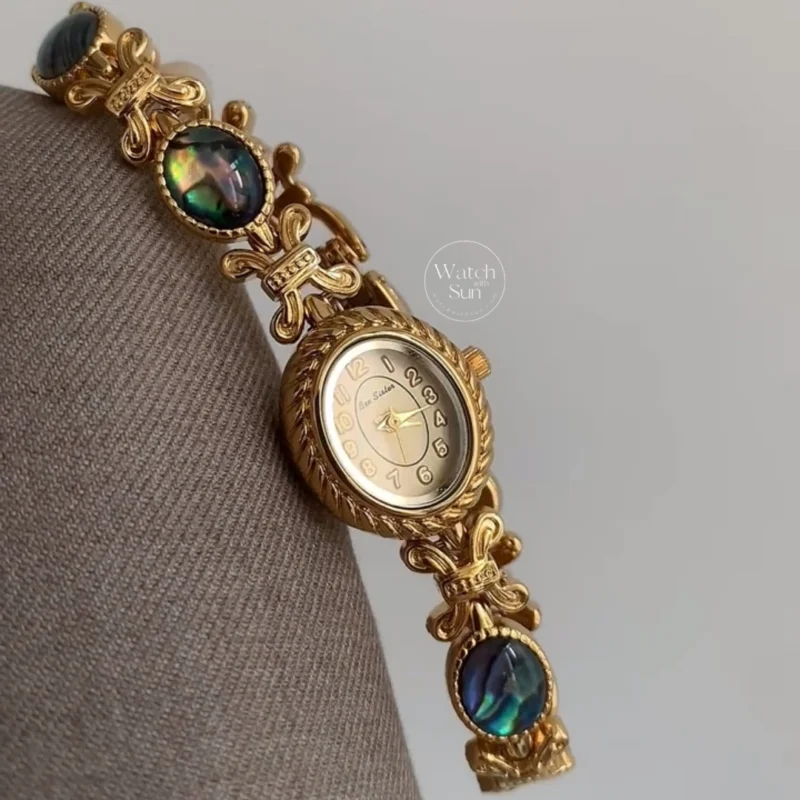 Elegant Oval Gold Bracelet Watch Abalone Shell Inlay Vintage Luxury Women's Watch