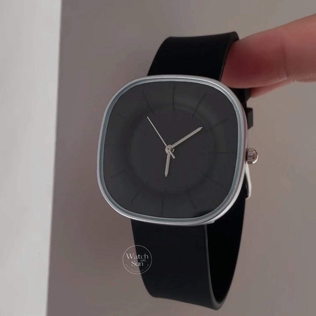 Minimalist Style Black Cushion Face Silicone Watch