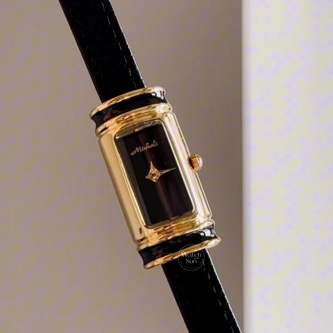 Vintage Rectangle Watch Gold Case Black / White Leather Strap Women's Watch