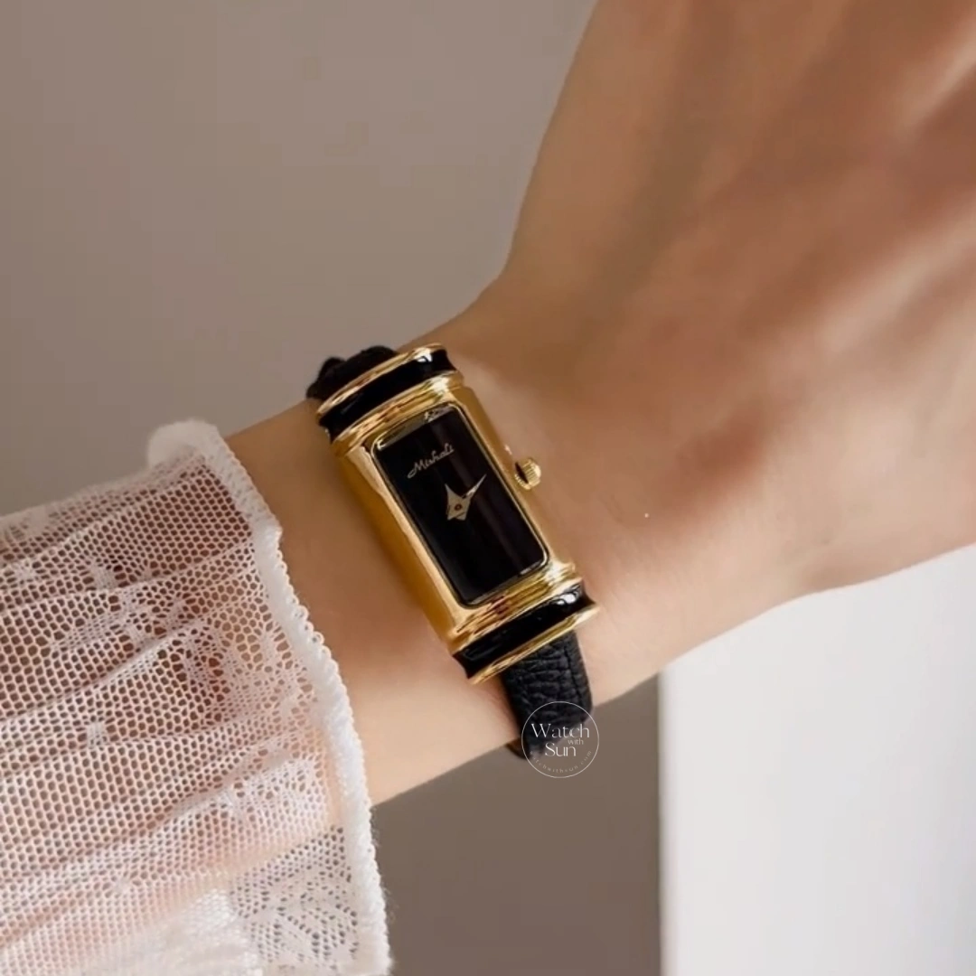 Vintage Rectangle Watch Gold Case Black / White Leather Strap Women's Watch