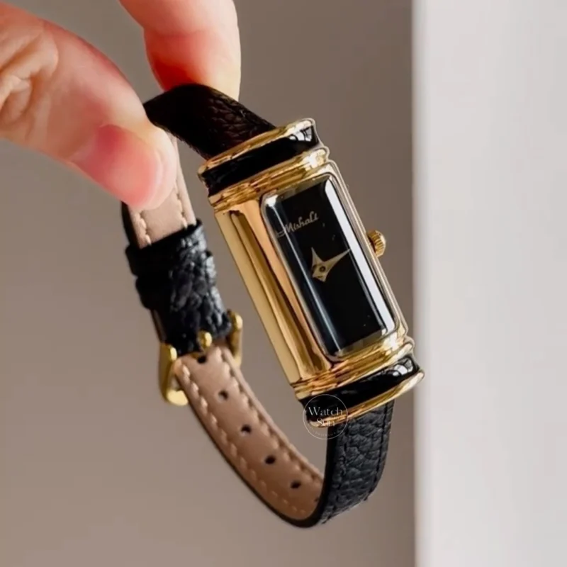 women's watches794-3 Vintage Rectangle Watch Gold Case Black / White Leather Strap Women's Watch