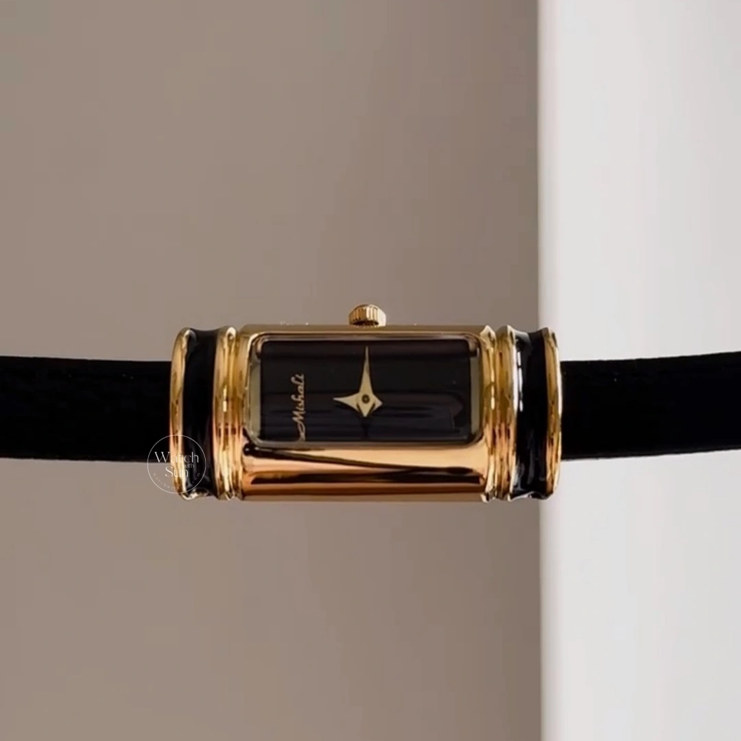 Vintage Rectangle Watch Gold Case Black / White Leather Strap Women's Watch
