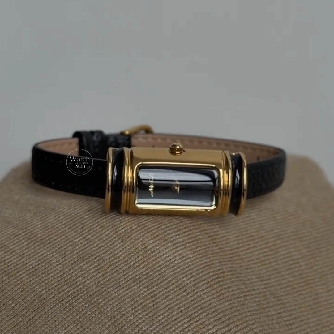 Vintage Rectangle Watch Gold Case Black / White Leather Strap Women's Watch