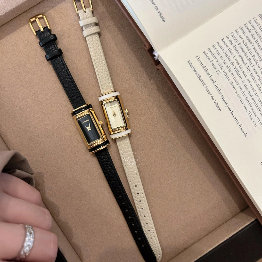 Vintage Rectangle Watch Gold Case Black / White Leather Strap Women's Watch