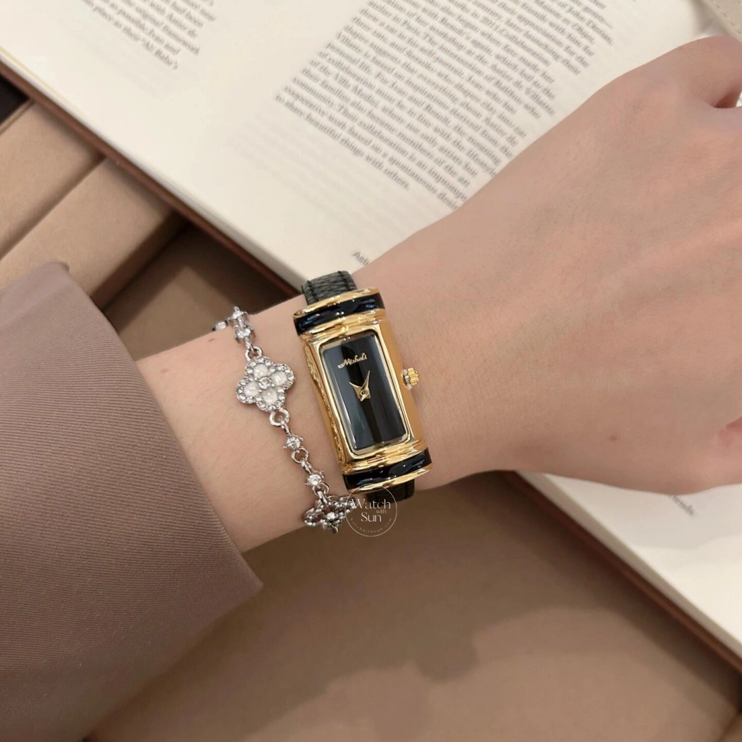 Vintage Rectangle Watch Gold Case Black / White Leather Strap Women's Watch