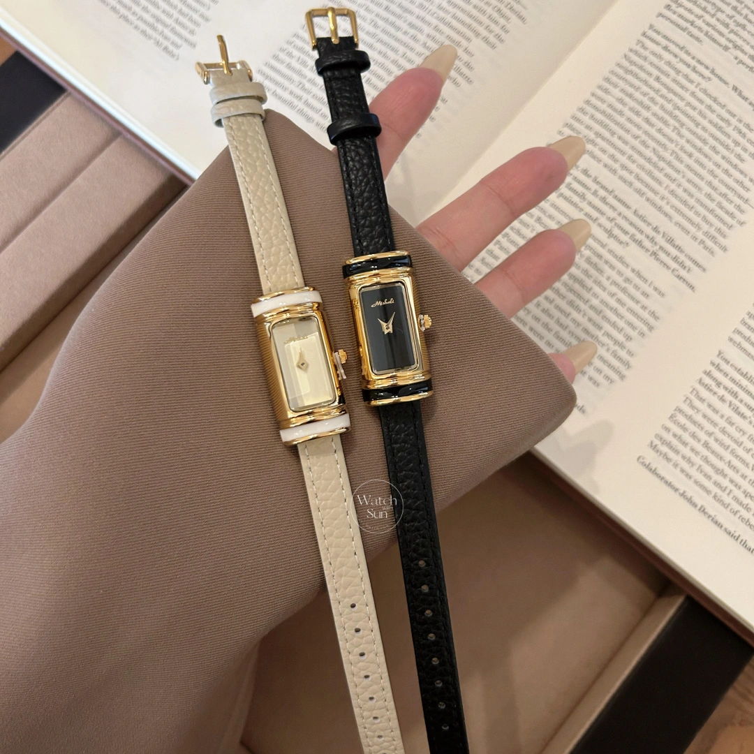 Vintage Rectangle Watch Gold Case Black / White Leather Strap Women's Watch