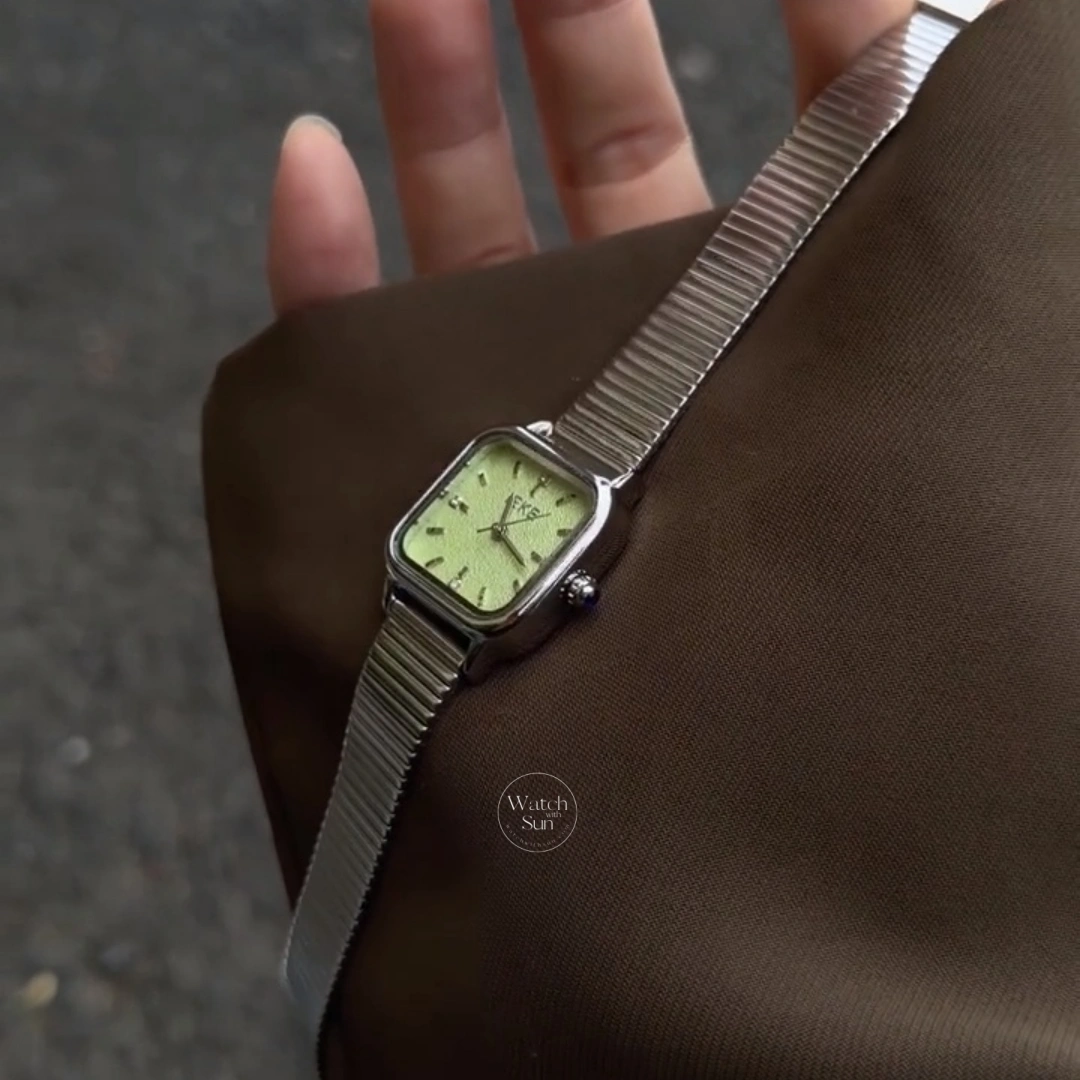 Minimalist Square Light Green Dial Watch Silver Stainless Steel Women's Watch