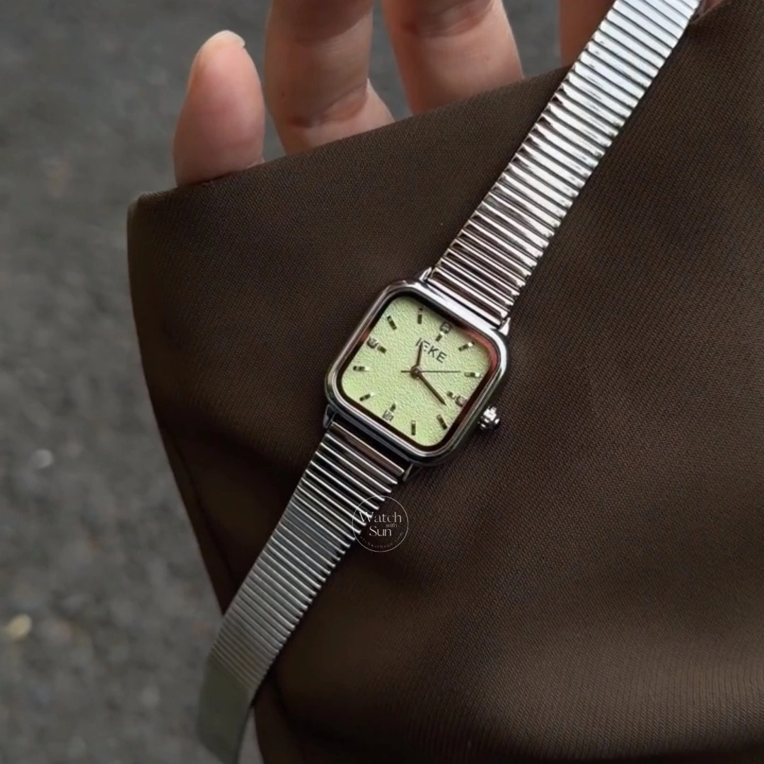 Minimalist Square Light Green Dial Watch Silver Stainless Steel Women's Watch