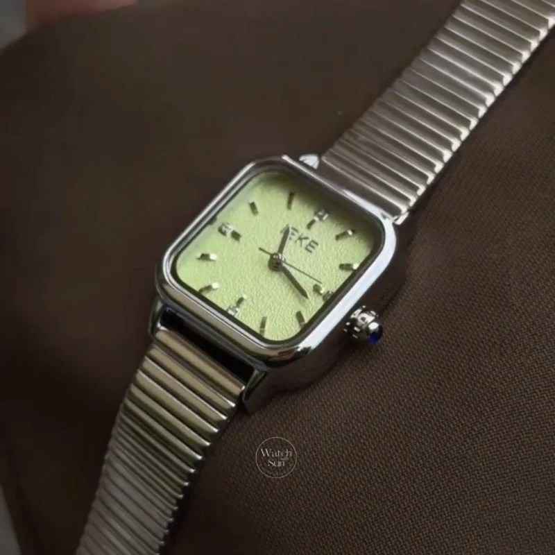 Minimalist Square Light Green Dial Watch Silver Stainless Steel Women's Watch