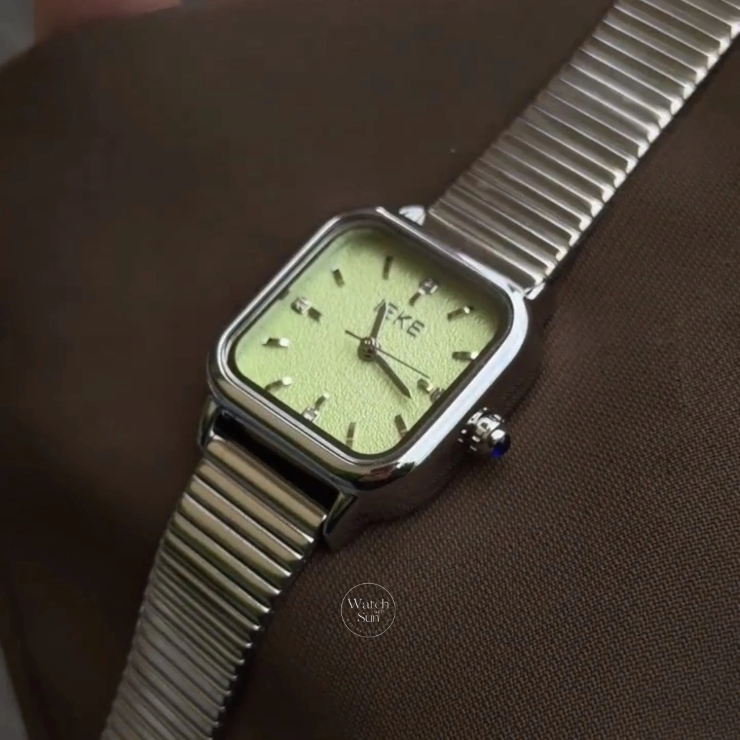 Minimalist Square Light Green Dial Watch Silver Stainless Steel Women's Watch