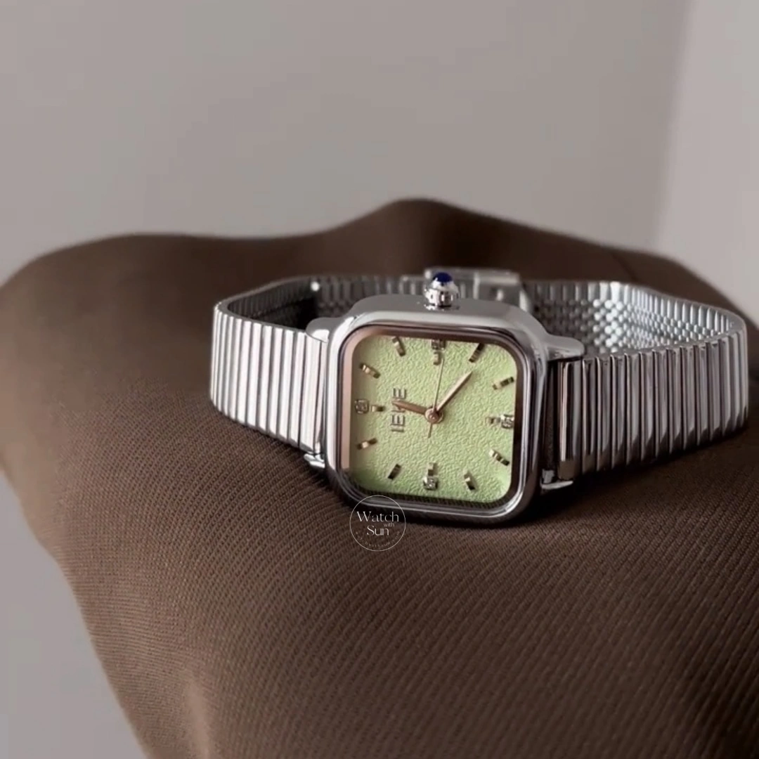 Minimalist Square Light Green Dial Watch Silver Stainless Steel Women's Watch