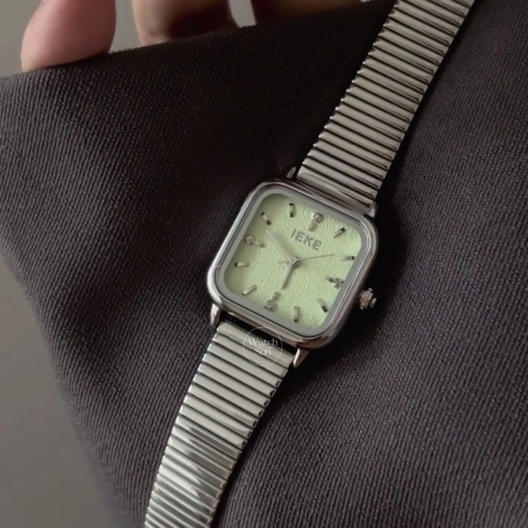 Minimalist Square Light Green Dial Watch Silver Stainless Steel Women's Watch