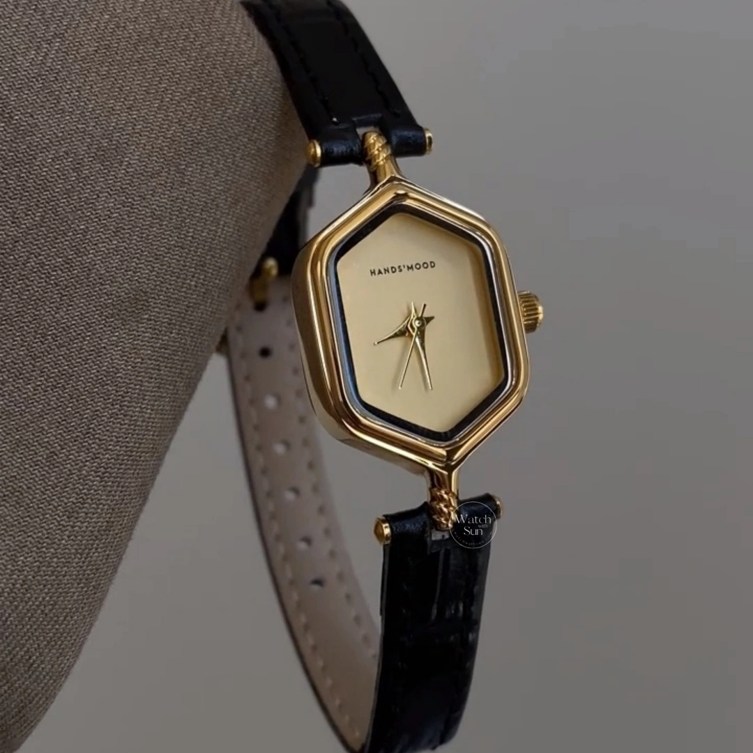 Vintage Hexagonal Watch Gold Case Champagne Dial Black Leather Strap Women's Watch