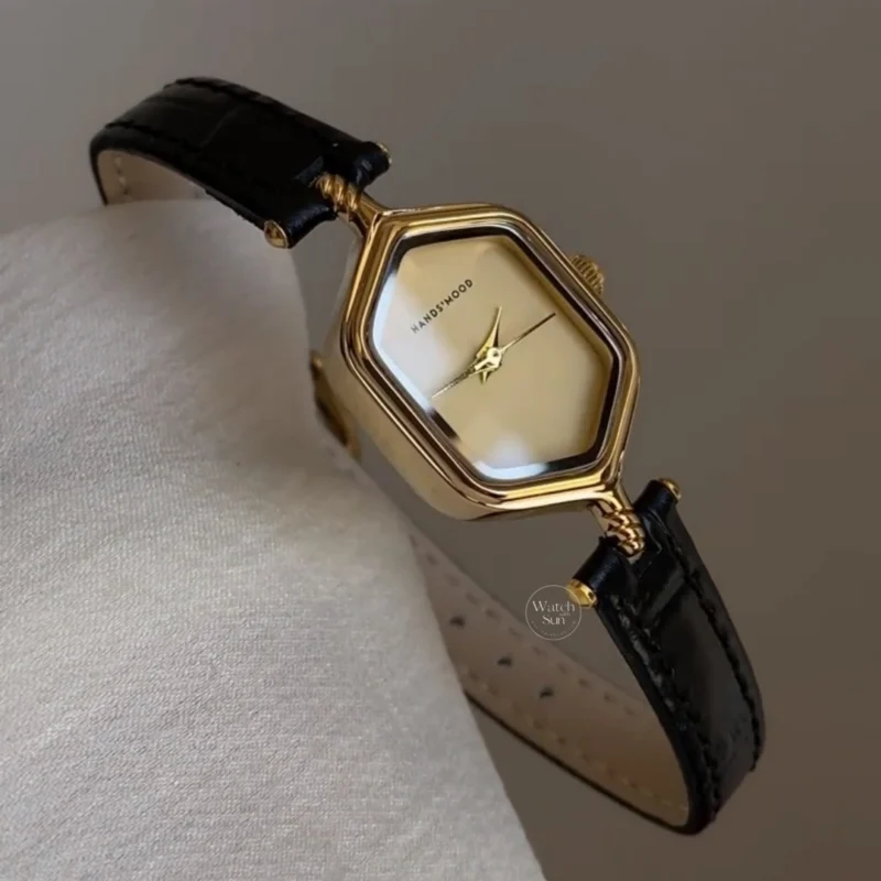 Vintage Hexagonal Watch Gold Case Champagne Dial Black Leather Strap Women's Watch