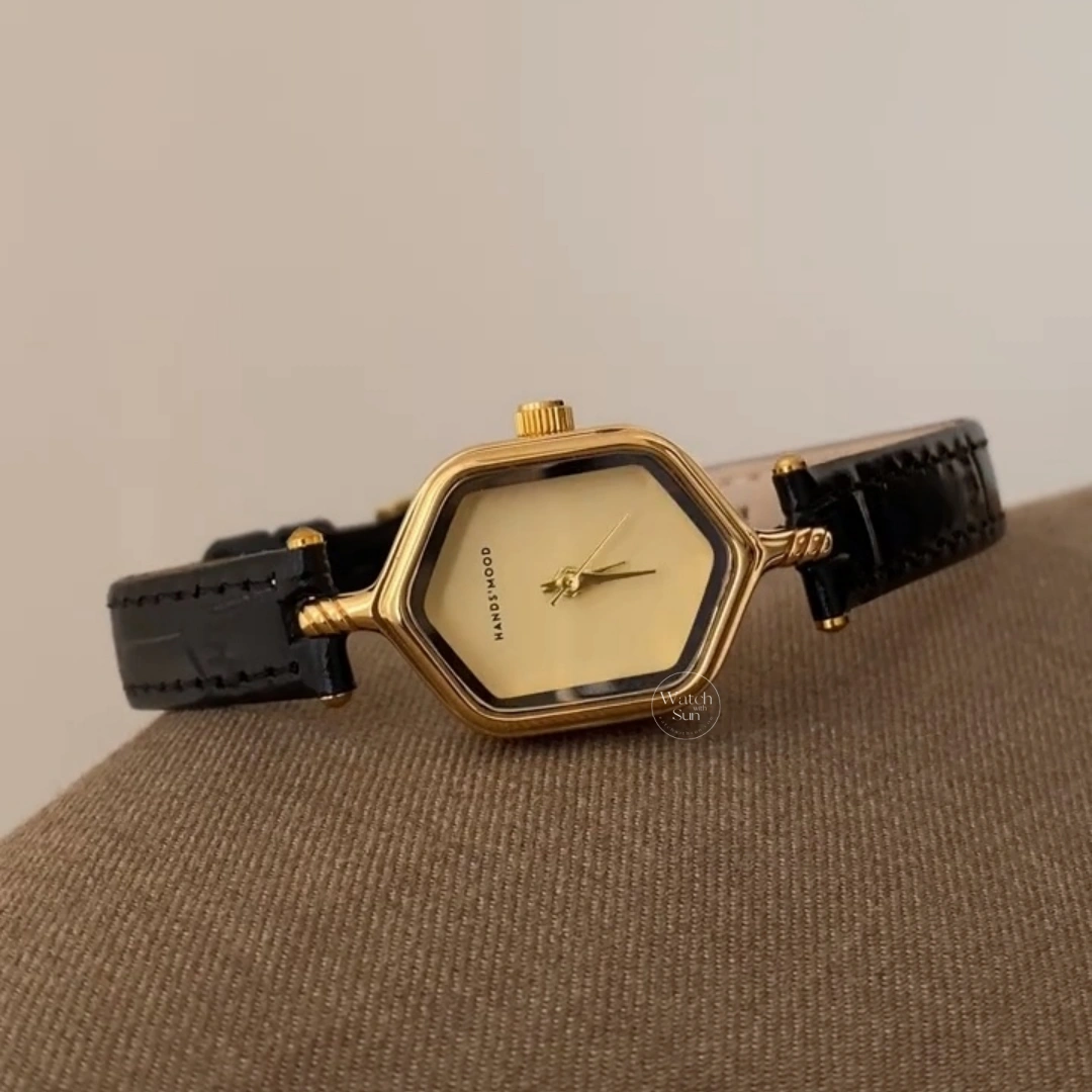 Vintage Hexagonal Watch Gold Case Champagne Dial Black Leather Strap Women's Watch