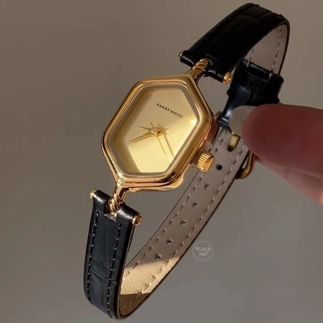Vintage Hexagonal Watch Gold Case Champagne Dial Black Leather Strap Women's Watch