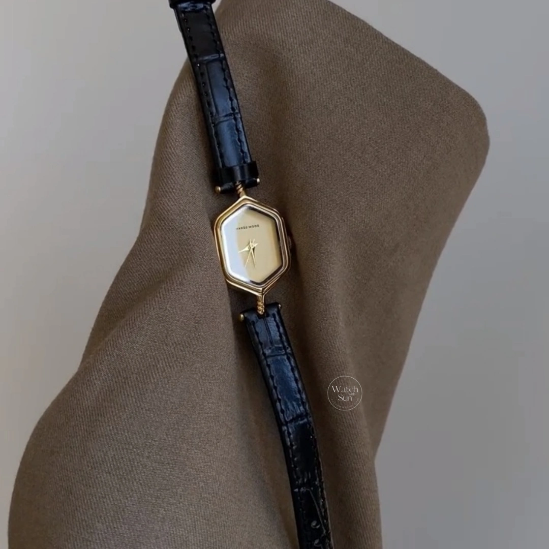 Vintage Hexagonal Watch Gold Case Champagne Dial Black Leather Strap Women's Watch