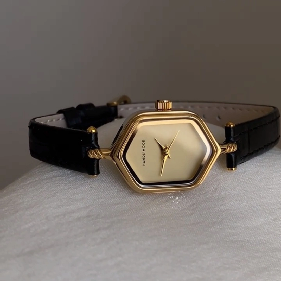 Vintage Hexagonal Watch Gold Case Champagne Dial Black Leather Strap Women's Watch